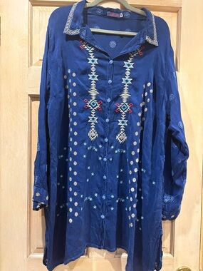 Johnny Was Nova Blue Embroidered Button-down Tunic Top Size 1X